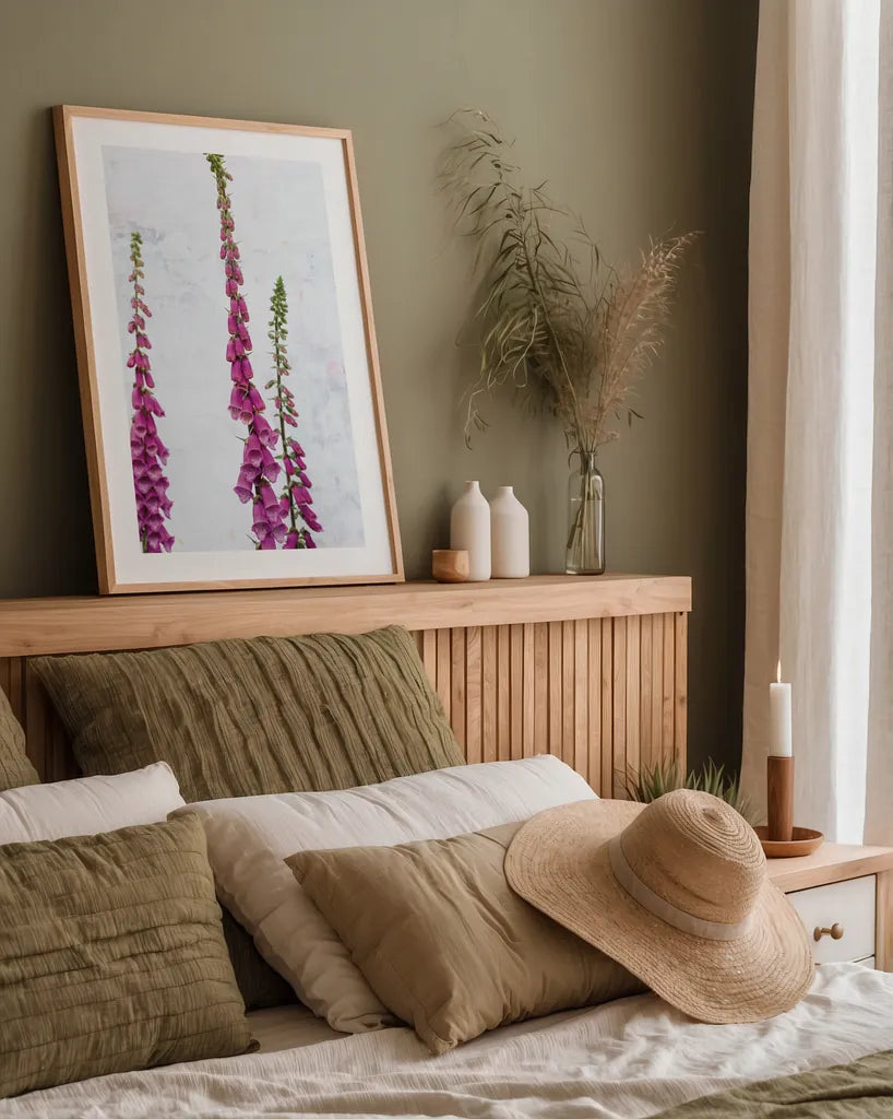 Foxgloves by Deborah Revell. shown as a paper print in a natural frame. Available as a archival giclee rolled canvas, fine art paper, or poster print. SKU 93428h.