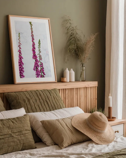 Foxgloves by Deborah Revell. shown as a paper print in a natural frame. Available as a archival giclee rolled canvas, fine art paper, or poster print. SKU 93428h.