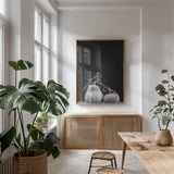 Frans Pumpkin III by Deborah Revell. shown as a print in a natural wood frame in a dining room. Available as a archival giclee rolled canvas, fine art paper, or poster print. SKU 102841h.