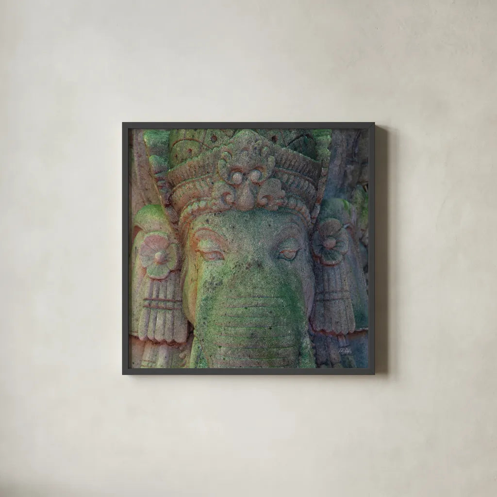 Ganesha by Deborah Revell. Shown in a sleek black glass frame for a contemporary gallery look. Available as an archival giclee rolled canvas, fine art paper, or poster print. SKU 94001a.