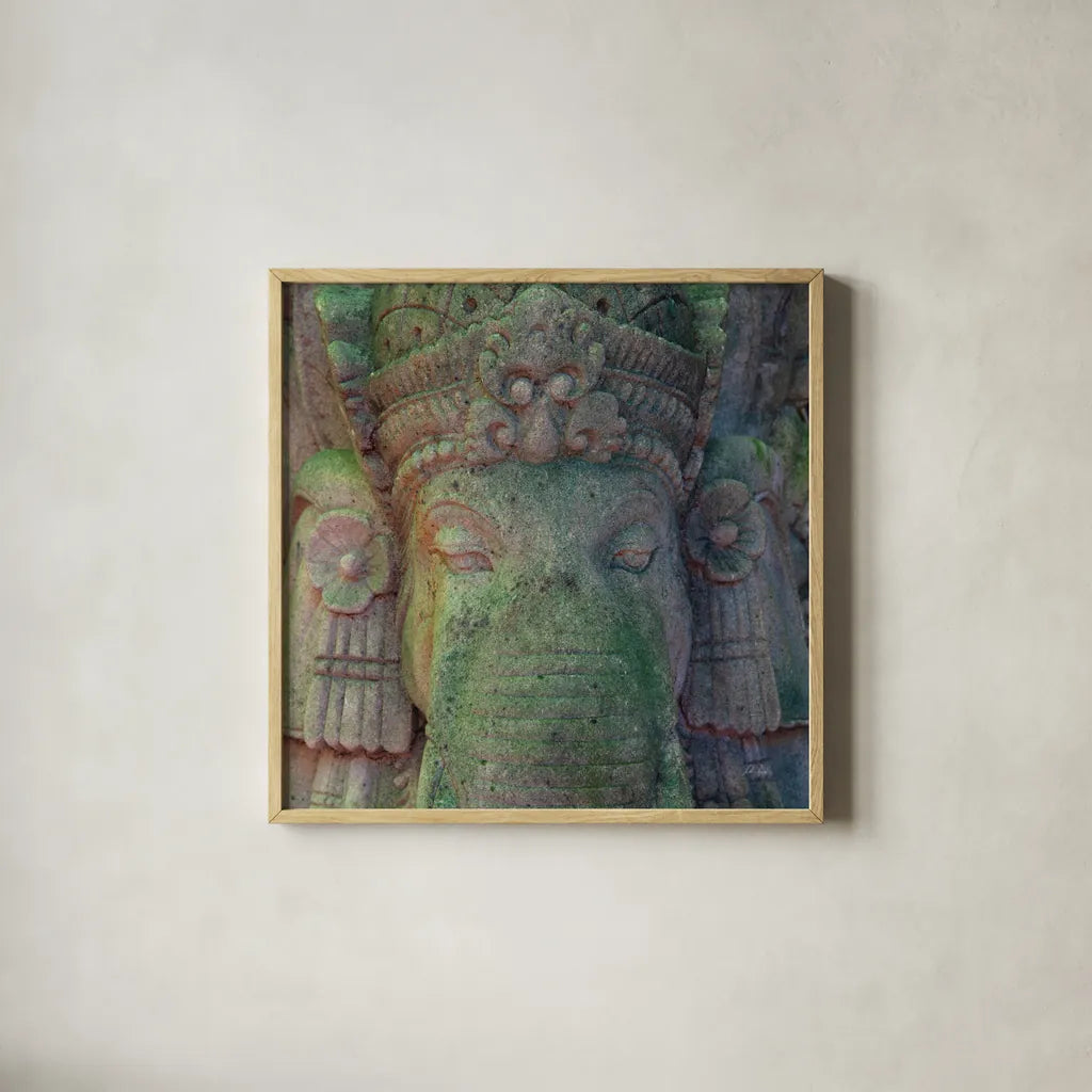 Ganesha by Deborah Revell. Shown in a natural wood glass frame for a timeless modern aesthetic. Available as an archival giclee rolled canvas, fine art paper, or poster print. SKU 94001a.
