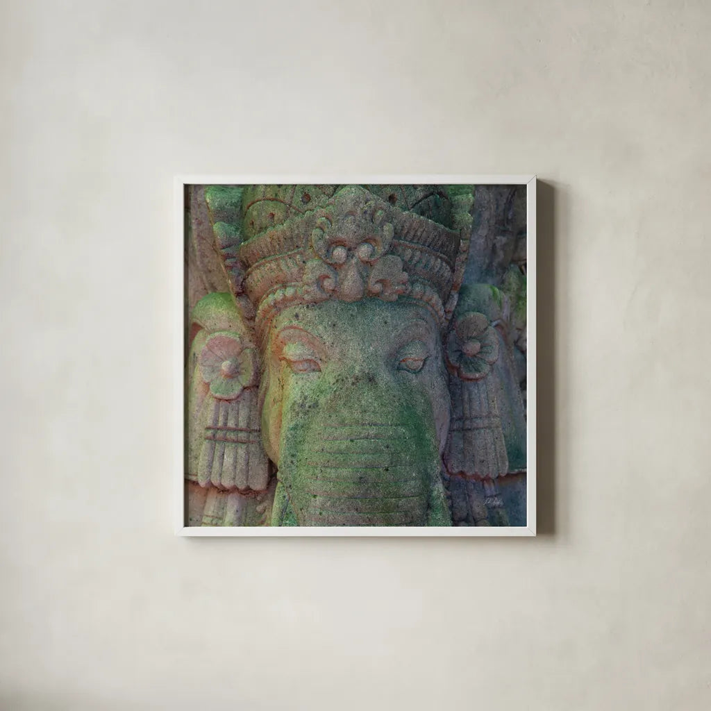 Ganesha by Deborah Revell. Shown in a crisp white glass frame for a clean and minimalist style. Available as an archival giclee rolled canvas, fine art paper, or poster print. SKU 94001a.
