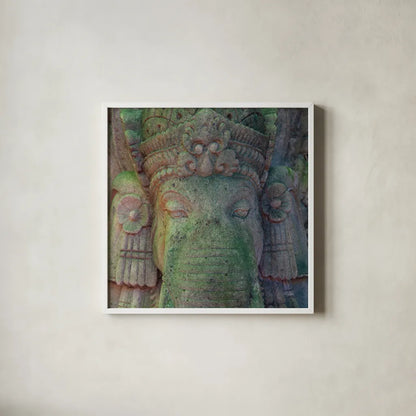 Ganesha by Deborah Revell. Shown in a crisp white glass frame for a clean and minimalist style. Available as an archival giclee rolled canvas, fine art paper, or poster print. SKU 94001a.