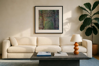 Ganesha by Deborah Revell. Displayed in a glass frame with matte in a clean modern living room. Available as an archival giclee rolled canvas, fine art paper, or poster print. SKU 94001a.