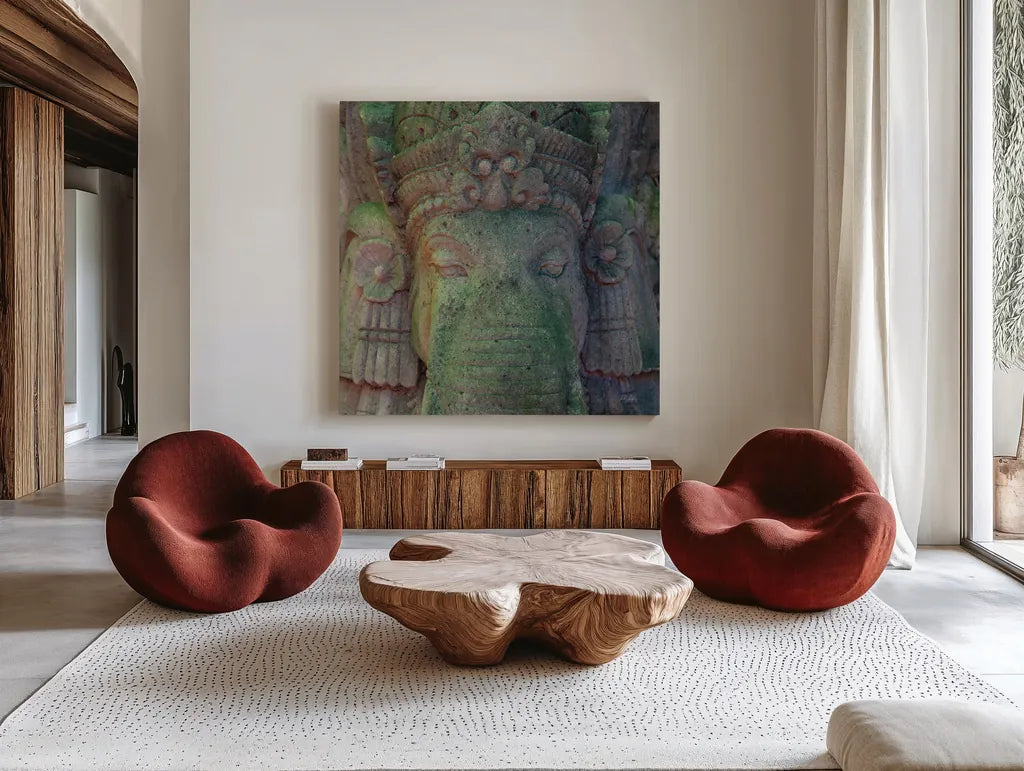 Ganesha by Deborah Revell. Shown as extra-large giant wall art in a modern living room. Available as an archival giclee rolled canvas, fine art paper, or poster print. SKU 94001a.