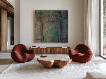 Ganesha by Deborah Revell. Shown as extra-large giant wall art in a modern living room. Available as an archival giclee rolled canvas, fine art paper, or poster print. SKU 94001a.