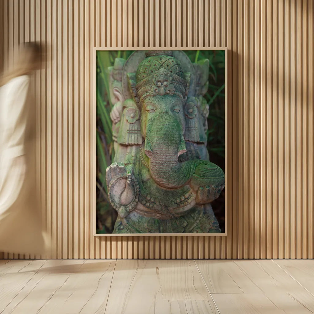 Ganesha Statue by Deborah Revell. shown as over sized large wall art. Available as an archival giclee rolled canvas, fine art paper, or poster print. SKU 94002h.