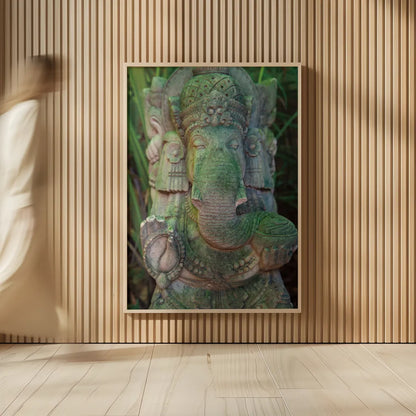 Ganesha Statue by Deborah Revell. shown as over sized large wall art. Available as an archival giclee rolled canvas, fine art paper, or poster print. SKU 94002h.
