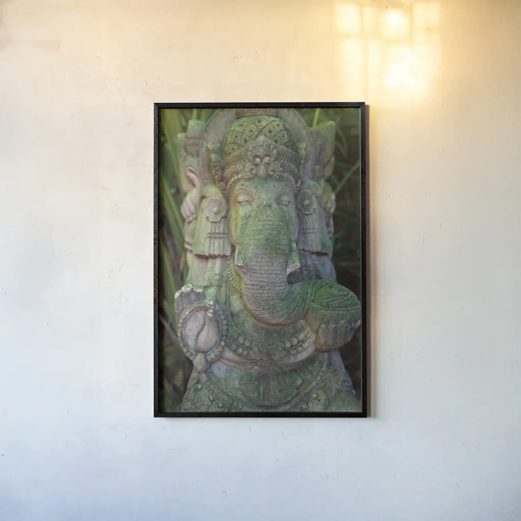 Ganesha Statue by Deborah Revell. shown as a paper print in a black flame. Available as a archival giclee rolled canvas, fine art paper, or poster print. SKU 94002h.