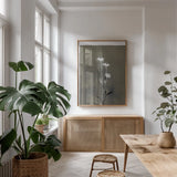 Glass Plate Botanical III by Deborah Revell. shown as a print in a natural wood frame in a dining room. Available as a archival giclee rolled canvas, fine art paper, or poster print. SKU 94585h.