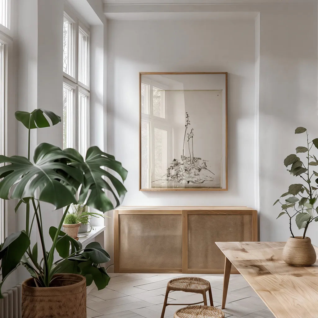 Glass Plate II by Deborah Revell. shown as a print in a natural wood frame in a dining room. Available as a archival giclee rolled canvas, fine art paper, or poster print. SKU 94347h.