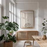 Glass Plate II by Deborah Revell. shown as a print in a natural wood frame in a dining room. Available as a archival giclee rolled canvas, fine art paper, or poster print. SKU 94347h.