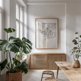 Glass Plate V by Deborah Revell. shown as a print in a natural wood frame in a dining room. Available as a archival giclee rolled canvas, fine art paper, or poster print. SKU 94350h.
