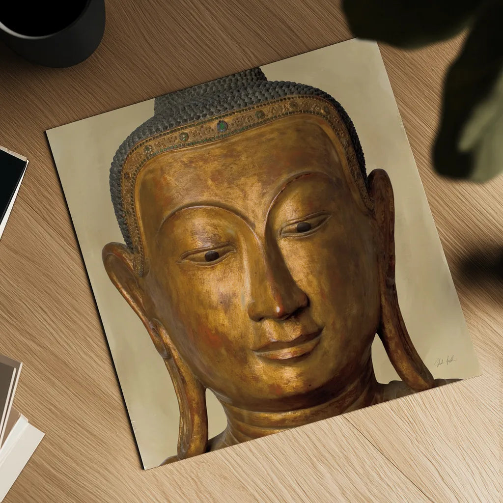 Golden Buddha by Deborah Revell. Shown as a detailed flat fine art print, highlighting archival giclee quality. Available as an archival giclee rolled canvas, fine art paper, or poster print. SKU 93998a.