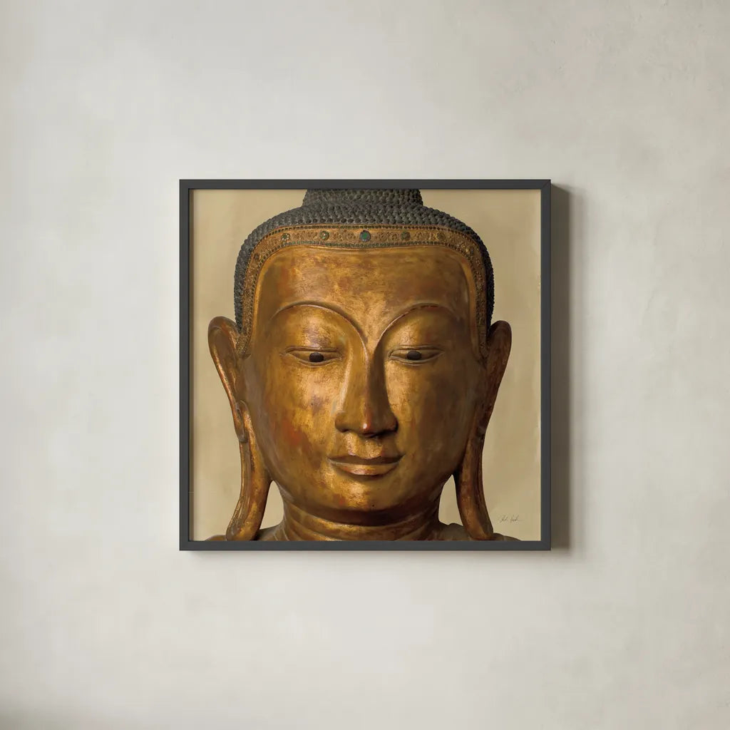 Golden Buddha by Deborah Revell. Shown in a sleek black glass frame for a contemporary gallery look. Available as an archival giclee rolled canvas, fine art paper, or poster print. SKU 93998a.