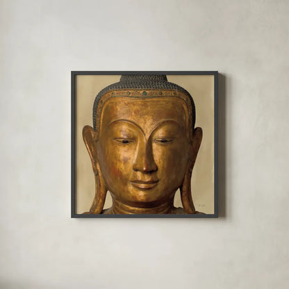 Golden Buddha by Deborah Revell. Shown in a sleek black glass frame for a contemporary gallery look. Available as an archival giclee rolled canvas, fine art paper, or poster print. SKU 93998a.