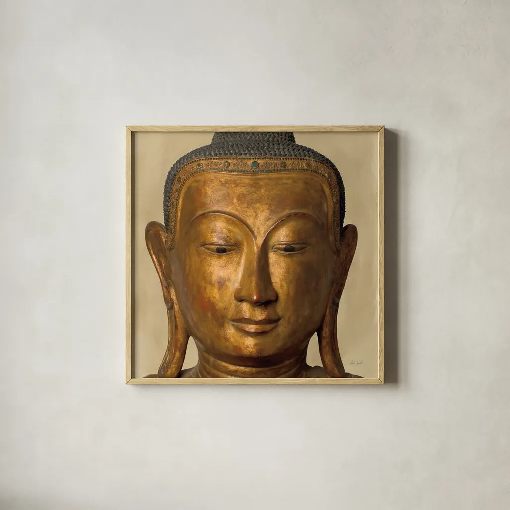Golden Buddha by Deborah Revell. Shown in a natural wood glass frame for a timeless modern aesthetic. Available as an archival giclee rolled canvas, fine art paper, or poster print. SKU 93998a.