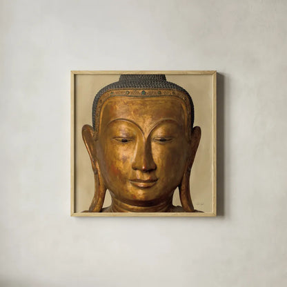 Golden Buddha by Deborah Revell. Shown in a natural wood glass frame for a timeless modern aesthetic. Available as an archival giclee rolled canvas, fine art paper, or poster print. SKU 93998a.