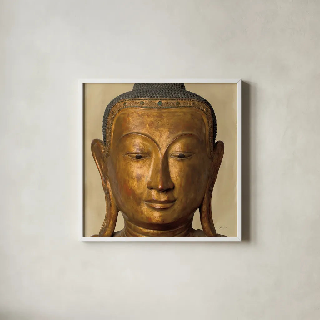 Golden Buddha by Deborah Revell. Shown in a crisp white glass frame for a clean and minimalist style. Available as an archival giclee rolled canvas, fine art paper, or poster print. SKU 93998a.