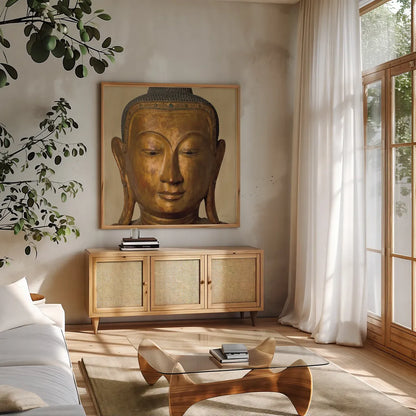 Golden Buddha by Deborah Revell. Shown in a natural wood frame in a cozy modern living room. Available as an archival giclee rolled canvas, fine art paper, or poster print. SKU 93998a.