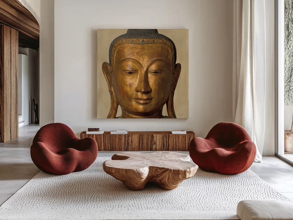 Golden Buddha by Deborah Revell. Shown as extra-large giant wall art in a modern living room. Available as an archival giclee rolled canvas, fine art paper, or poster print. SKU 93998a.