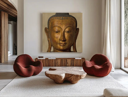 Golden Buddha by Deborah Revell. Shown as extra-large giant wall art in a modern living room. Available as an archival giclee rolled canvas, fine art paper, or poster print. SKU 93998a.