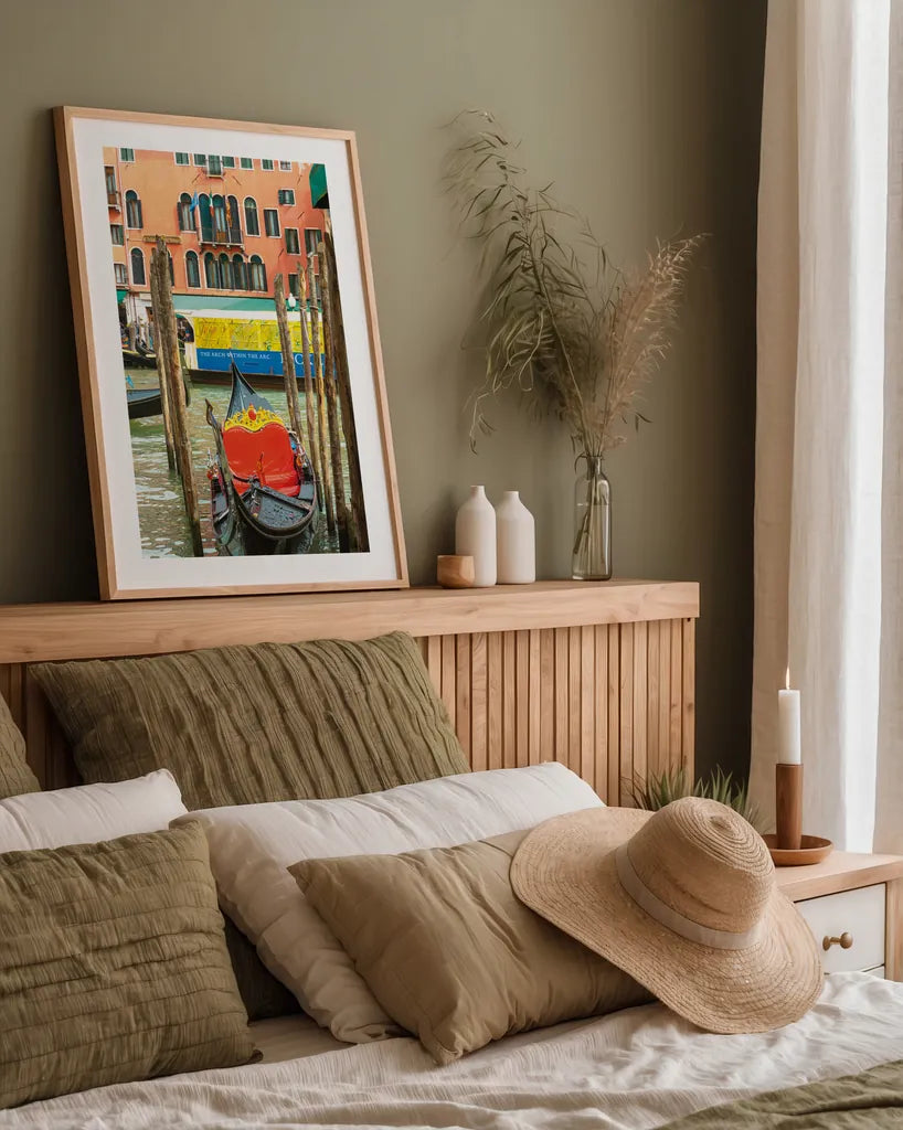 Gondola by Deborah Revell. shown as a paper print in a natural frame. Available as a archival giclee rolled canvas, fine art paper, or poster print. SKU 95013h.