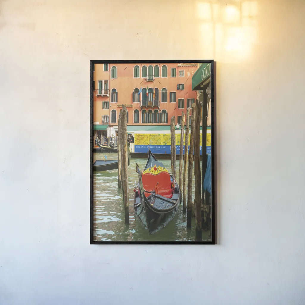 Gondola by Deborah Revell. shown as a paper print in a black flame. Available as a archival giclee rolled canvas, fine art paper, or poster print. SKU 95013h.