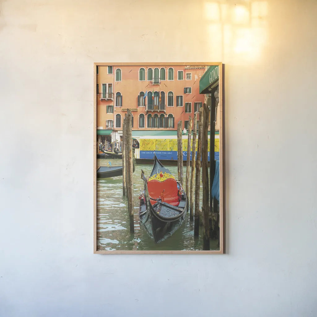 Gondola by Deborah Revell. shown as a paper print in a natural frame. Available as a archival giclee rolled canvas, fine art paper, or poster print. SKU 95013h.