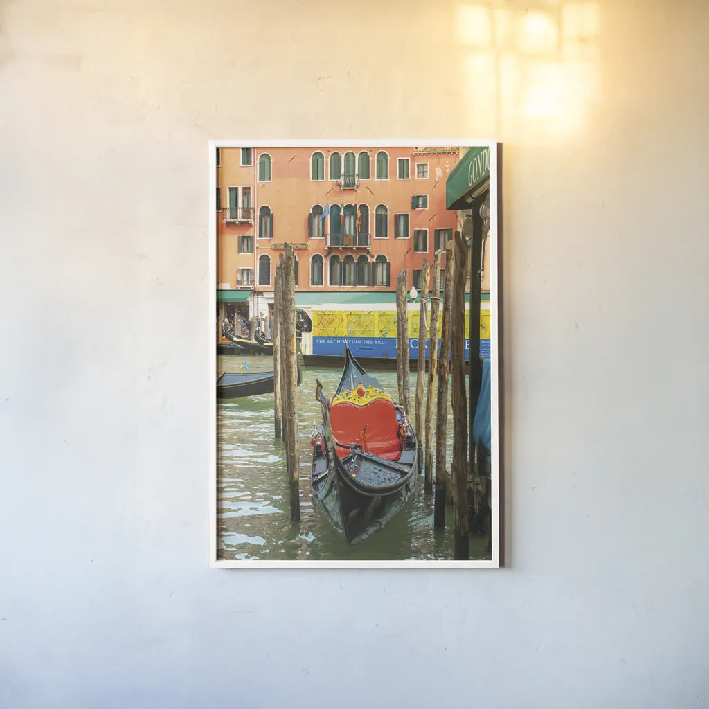 Gondola by Deborah Revell. shown as a paper print in a white frame. Available as a archival giclee rolled canvas, fine art paper, or poster print. SKU 95013h.