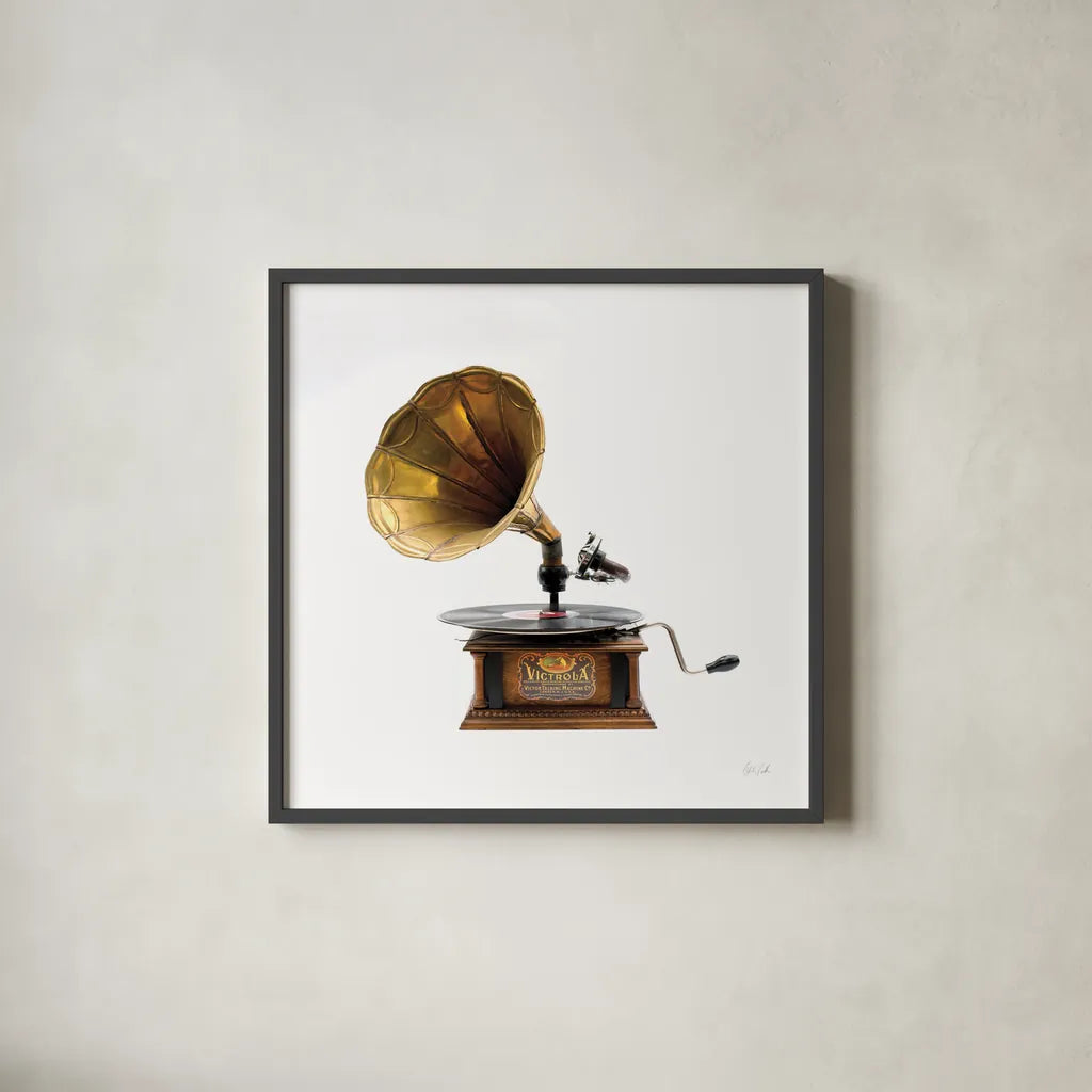 Gramaphone by Deborah Revell. Shown in a sleek black glass frame for a contemporary gallery look. Available as an archival giclee rolled canvas, fine art paper, or poster print. SKU 92067a.