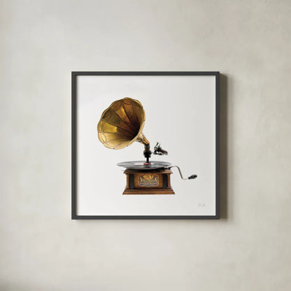 Gramaphone by Deborah Revell. Shown in a sleek black glass frame for a contemporary gallery look. Available as an archival giclee rolled canvas, fine art paper, or poster print. SKU 92067a.
