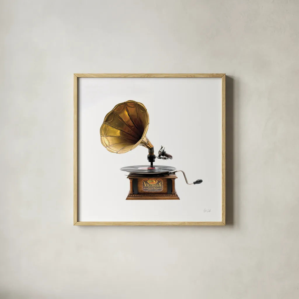 Gramaphone by Deborah Revell. Shown in a natural wood glass frame for a timeless modern aesthetic. Available as an archival giclee rolled canvas, fine art paper, or poster print. SKU 92067a.