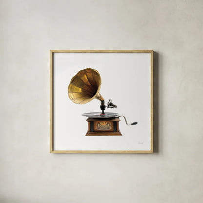 Gramaphone by Deborah Revell. Shown in a natural wood glass frame for a timeless modern aesthetic. Available as an archival giclee rolled canvas, fine art paper, or poster print. SKU 92067a.