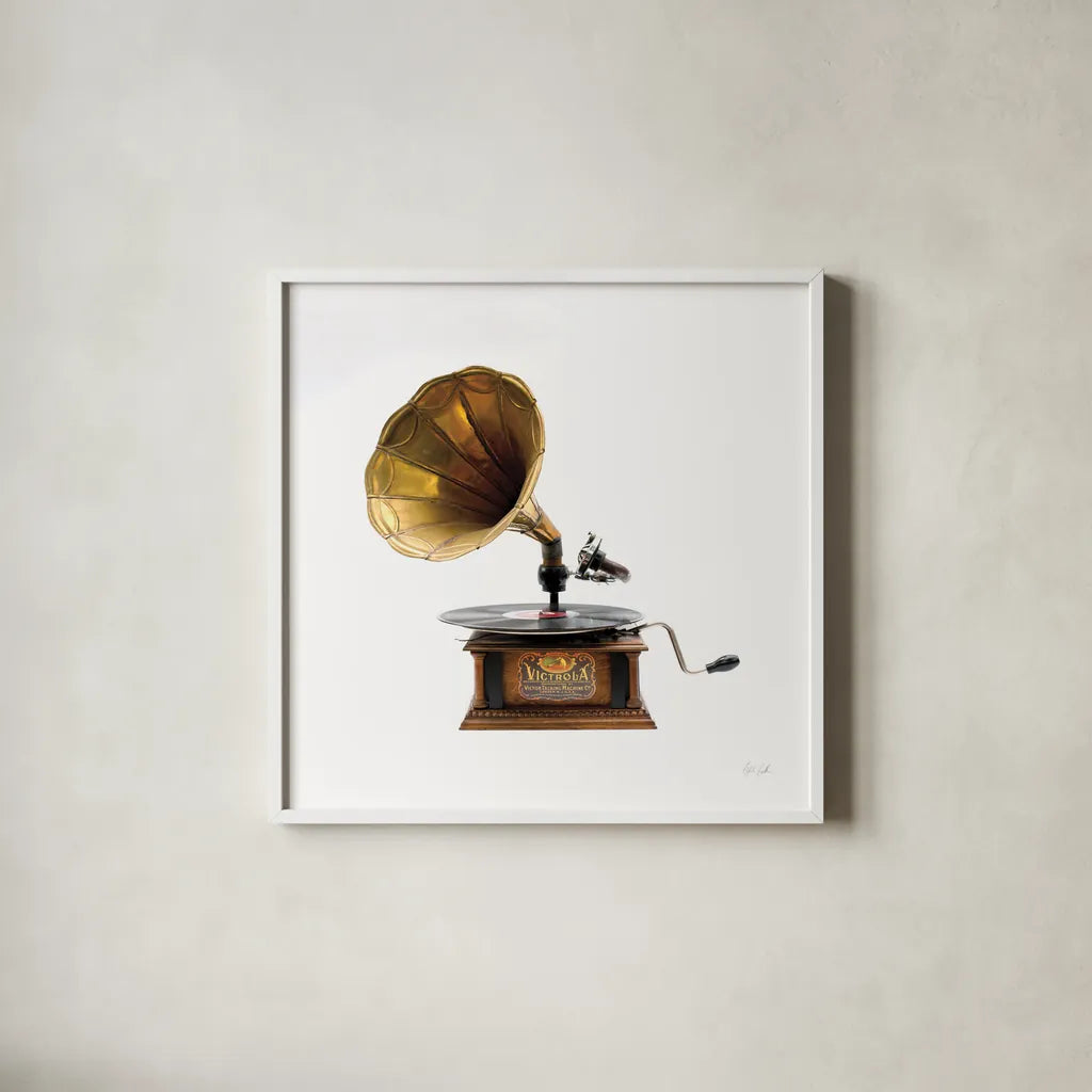 Gramaphone by Deborah Revell. Shown in a crisp white glass frame for a clean and minimalist style. Available as an archival giclee rolled canvas, fine art paper, or poster print. SKU 92067a.