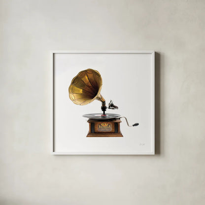 Gramaphone by Deborah Revell. Shown in a crisp white glass frame for a clean and minimalist style. Available as an archival giclee rolled canvas, fine art paper, or poster print. SKU 92067a.