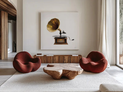 Gramaphone by Deborah Revell. Shown as extra-large giant wall art in a modern living room. Available as an archival giclee rolled canvas, fine art paper, or poster print. SKU 92067a.