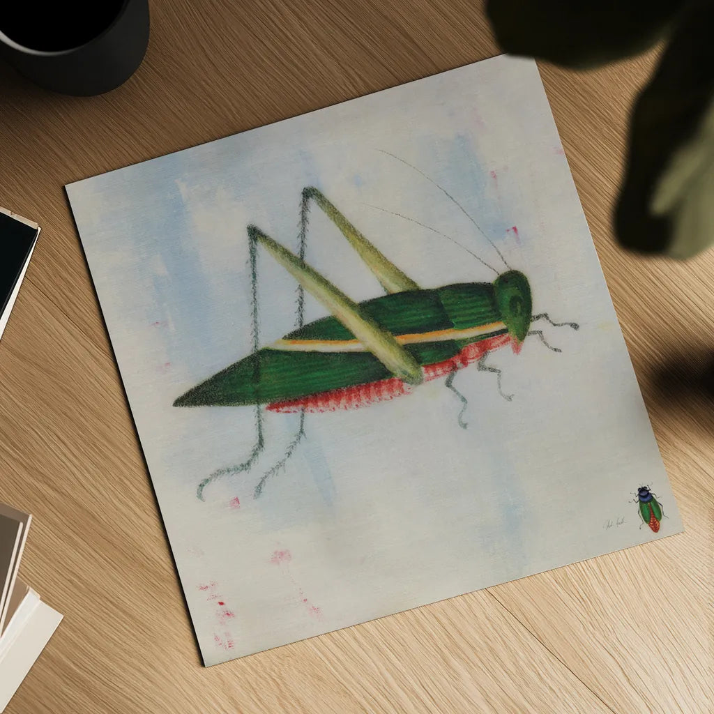 Green Grasshopper by Deborah Revell. Shown as a detailed flat fine art print, highlighting archival giclee quality. Available as an archival giclee rolled canvas, fine art paper, or poster print. SKU 91138a.