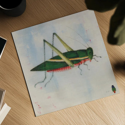 Green Grasshopper by Deborah Revell. Shown as a detailed flat fine art print, highlighting archival giclee quality. Available as an archival giclee rolled canvas, fine art paper, or poster print. SKU 91138a.