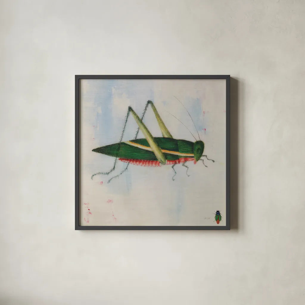 Green Grasshopper by Deborah Revell. Shown in a sleek black glass frame for a contemporary gallery look. Available as an archival giclee rolled canvas, fine art paper, or poster print. SKU 91138a.