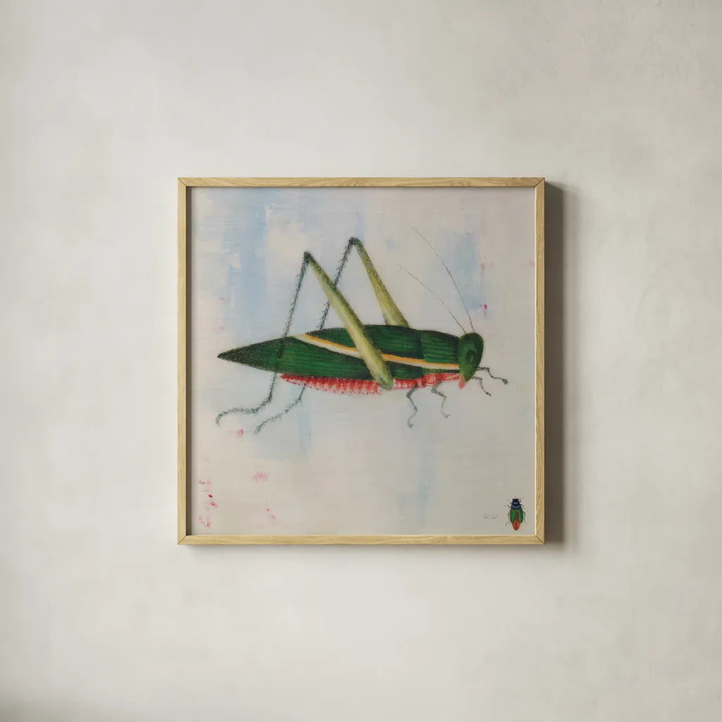Green Grasshopper by Deborah Revell. Shown in a natural wood glass frame for a timeless modern aesthetic. Available as an archival giclee rolled canvas, fine art paper, or poster print. SKU 91138a.