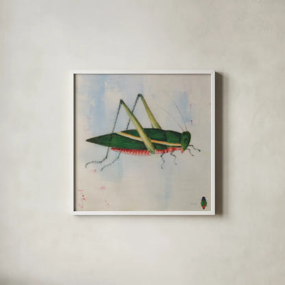 Green Grasshopper by Deborah Revell. Shown in a crisp white glass frame for a clean and minimalist style. Available as an archival giclee rolled canvas, fine art paper, or poster print. SKU 91138a.