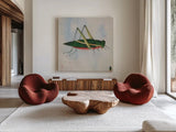 Green Grasshopper by Deborah Revell. Shown as extra-large giant wall art in a modern living room. Available as an archival giclee rolled canvas, fine art paper, or poster print. SKU 91138a.