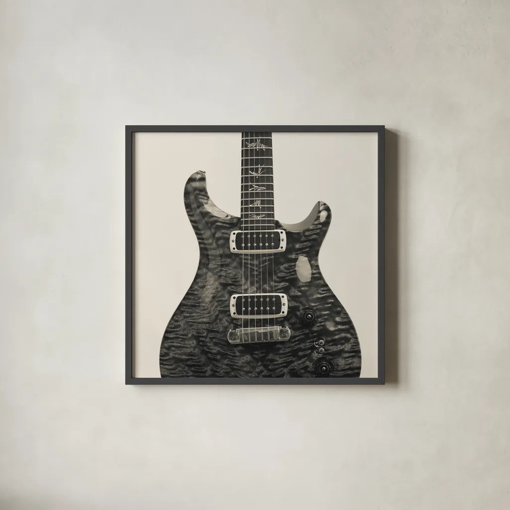 Guitar I by Deborah Revell. Shown in a sleek black glass frame for a contemporary gallery look. Available as an archival giclee rolled canvas, fine art paper, or poster print. SKU 91248a.