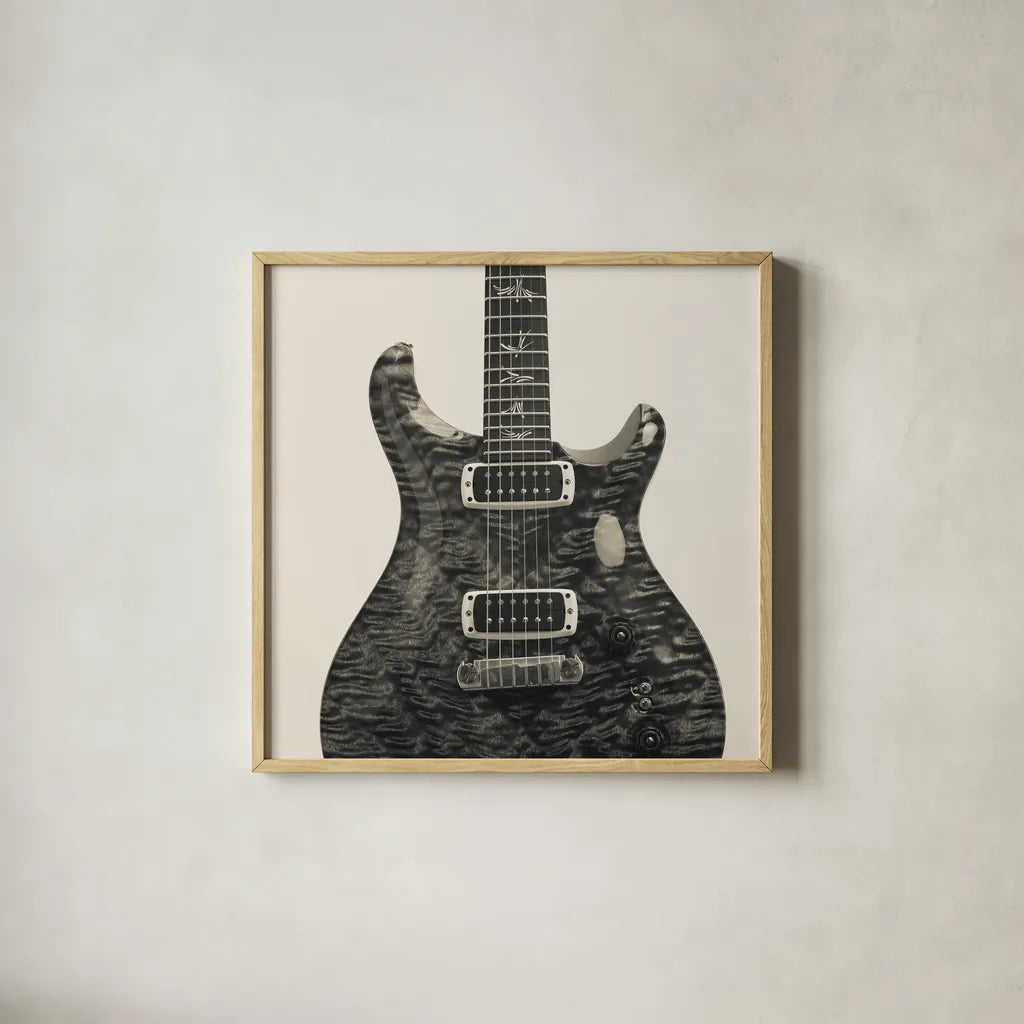 Guitar I by Deborah Revell. Shown in a natural wood glass frame for a timeless modern aesthetic. Available as an archival giclee rolled canvas, fine art paper, or poster print. SKU 91248a.