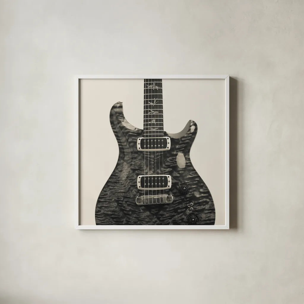 Guitar I by Deborah Revell. Shown in a crisp white glass frame for a clean and minimalist style. Available as an archival giclee rolled canvas, fine art paper, or poster print. SKU 91248a.
