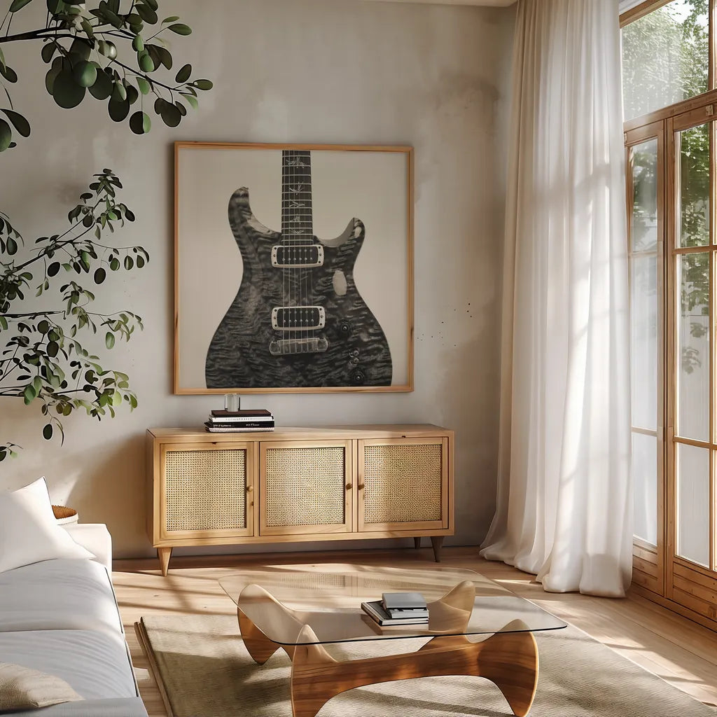 Guitar I by Deborah Revell. Shown in a natural wood frame in a cozy modern living room. Available as an archival giclee rolled canvas, fine art paper, or poster print. SKU 91248a.