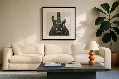 Guitar I by Deborah Revell. Displayed in a glass frame with matte in a clean modern living room. Available as an archival giclee rolled canvas, fine art paper, or poster print. SKU 91248a.
