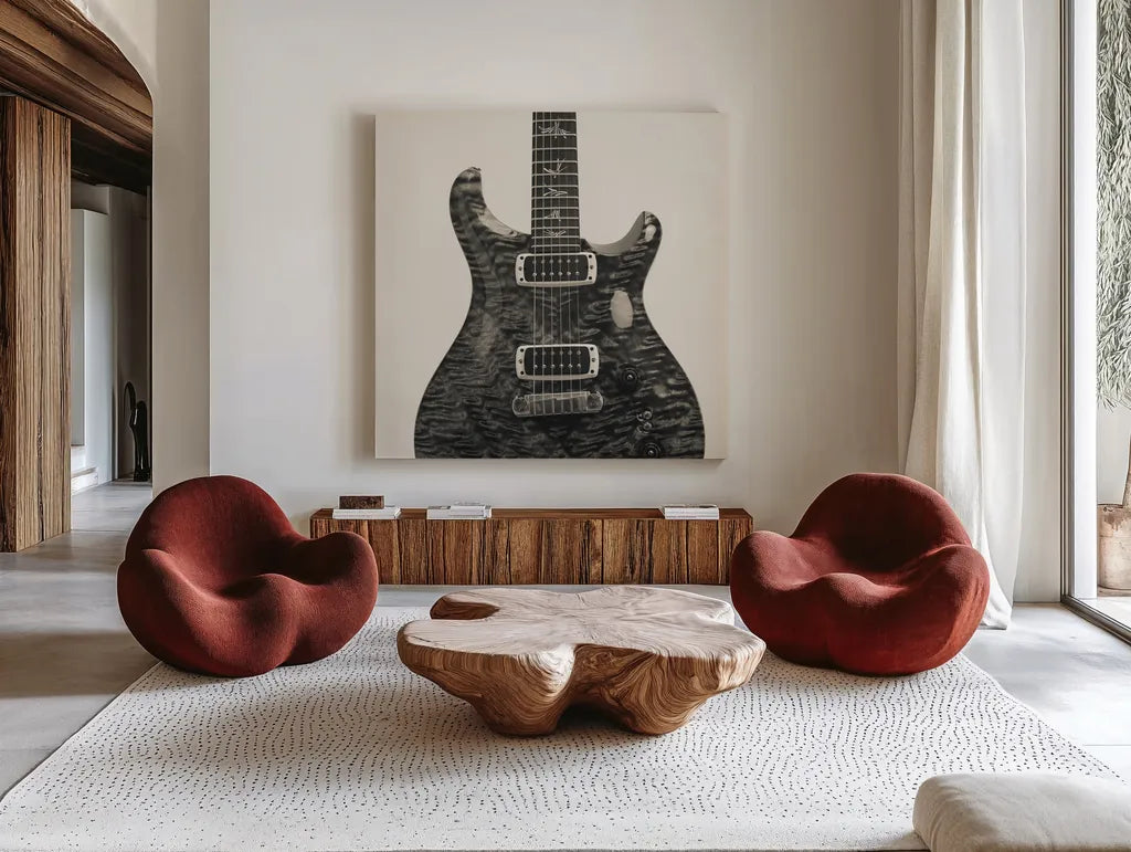 Guitar I by Deborah Revell. Shown as extra-large giant wall art in a modern living room. Available as an archival giclee rolled canvas, fine art paper, or poster print. SKU 91248a.