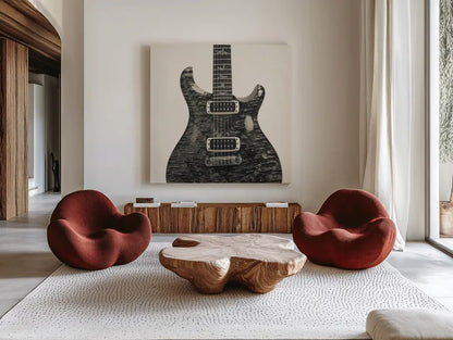 Guitar I by Deborah Revell. Shown as extra-large giant wall art in a modern living room. Available as an archival giclee rolled canvas, fine art paper, or poster print. SKU 91248a.